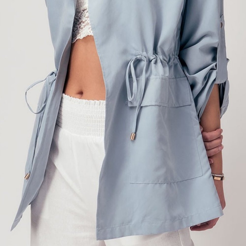 NEW Oversize Collar Drawstring Waist Pockets Open Front Light Weight Jacket Blue - Picture 4 of 8